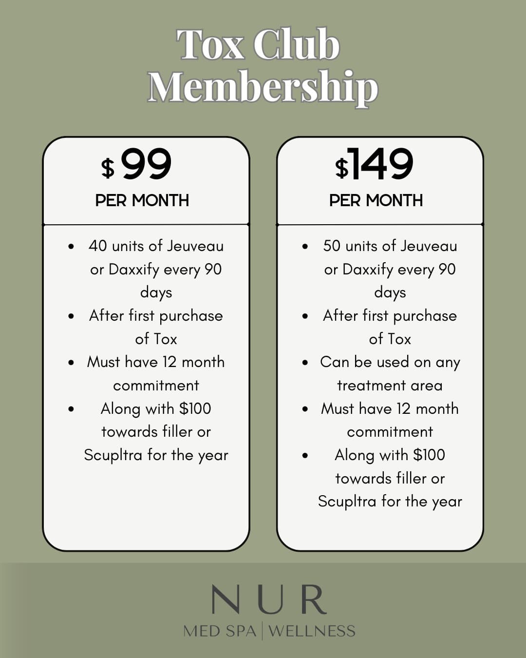 Tox membership details at NUR Med-Spa including exclusive savings