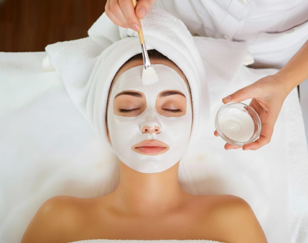 facial treatment with a white mask